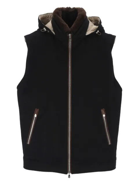 Brunello Cucinelli bonded wool flannel hooded down vest with detachable shearling insert
