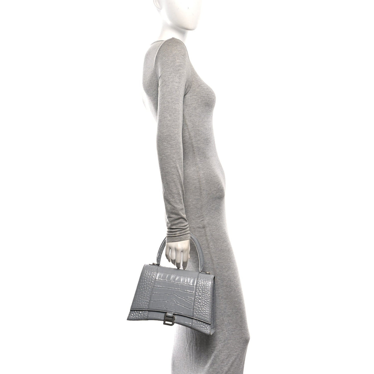 Shiny Calfskin Crocodile Embossed Medium Hourglass Top Handle Bag Balenciaga Grey
