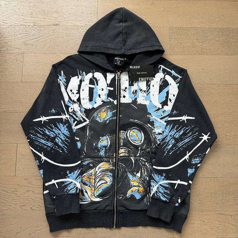 MIXED EMOTION Washed Black Graphic Zip Hoodie