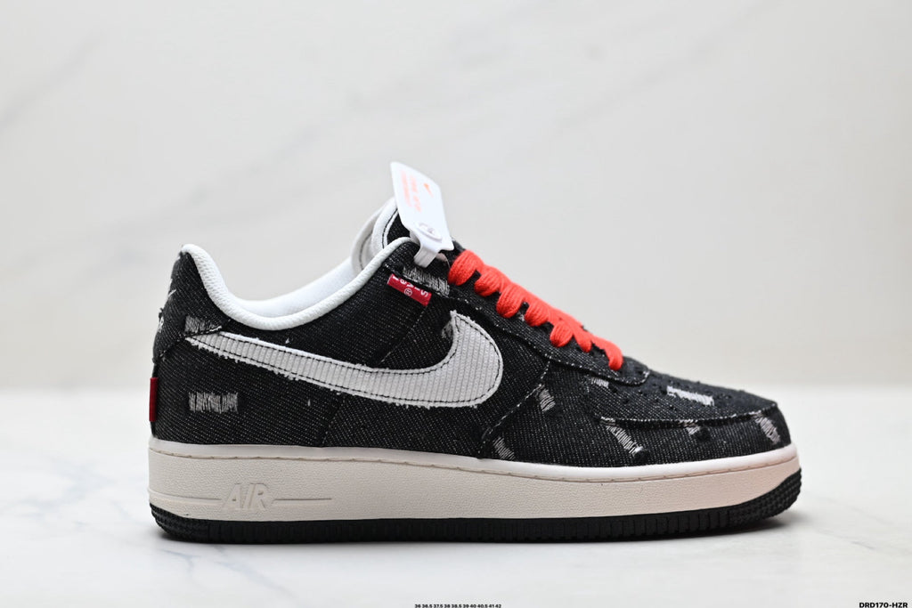Nike Air Force 1 Low Black White Red Lace Unisex Sneakers Style 03
