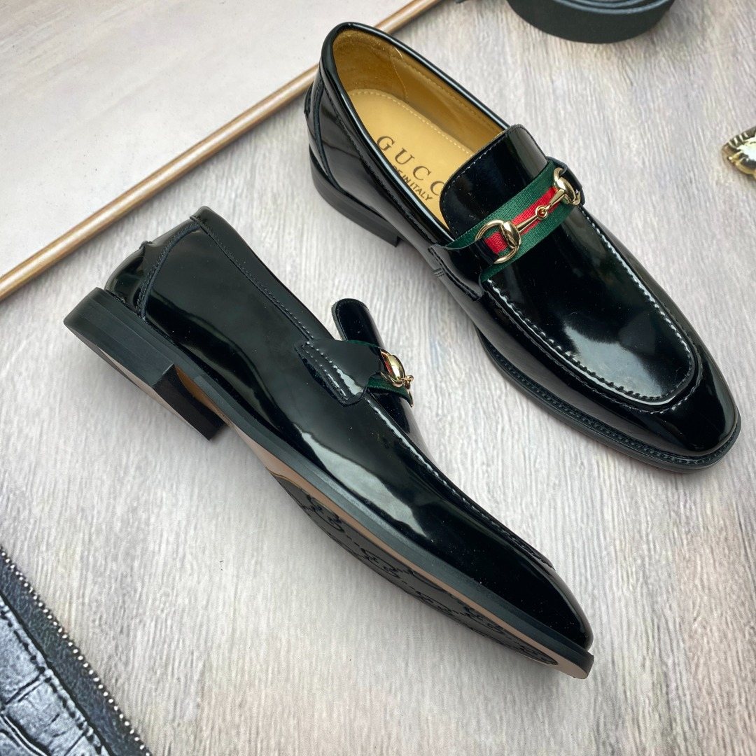 Gucci Black Patent Web Stripe Loafers