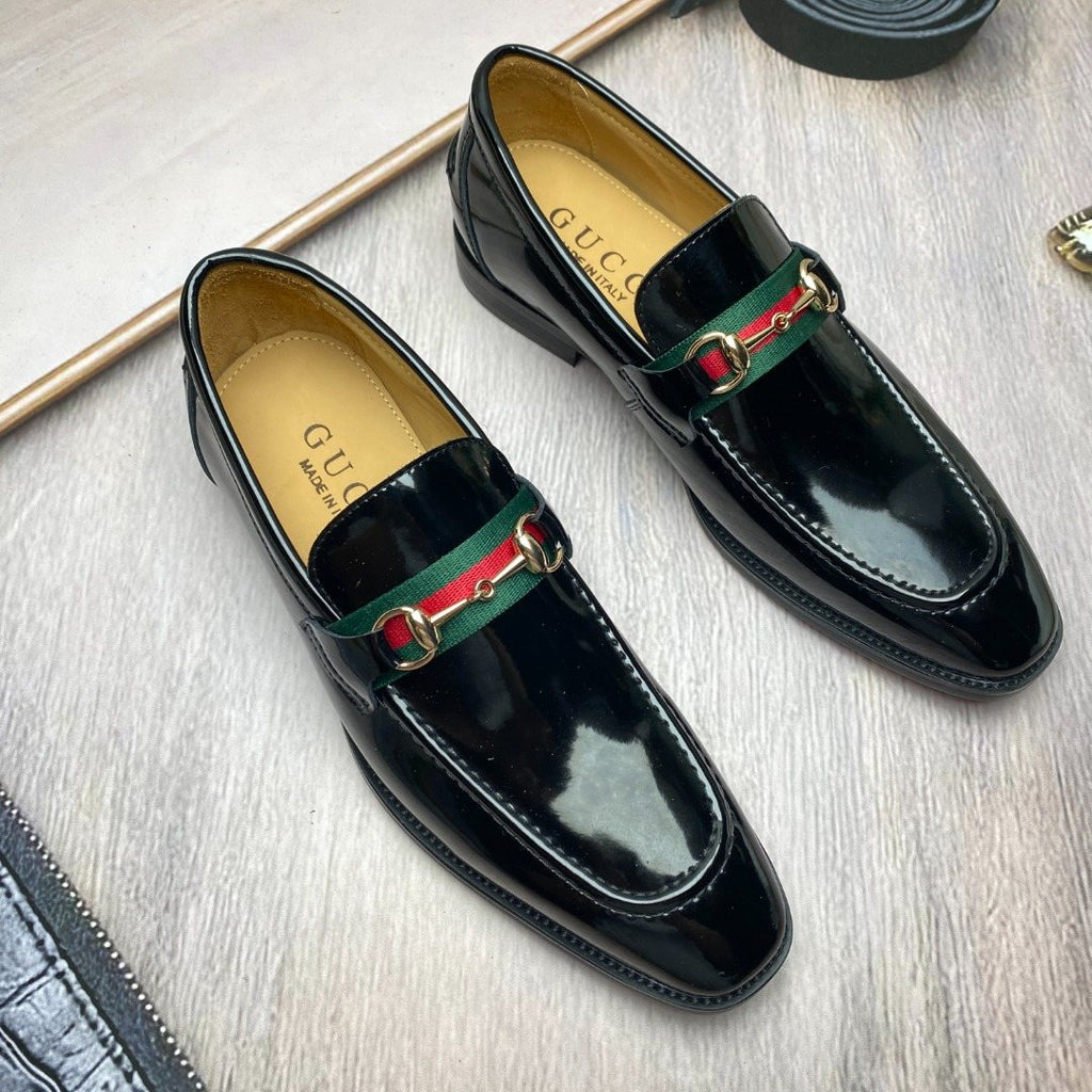 Gucci Black Patent Web Stripe Loafers