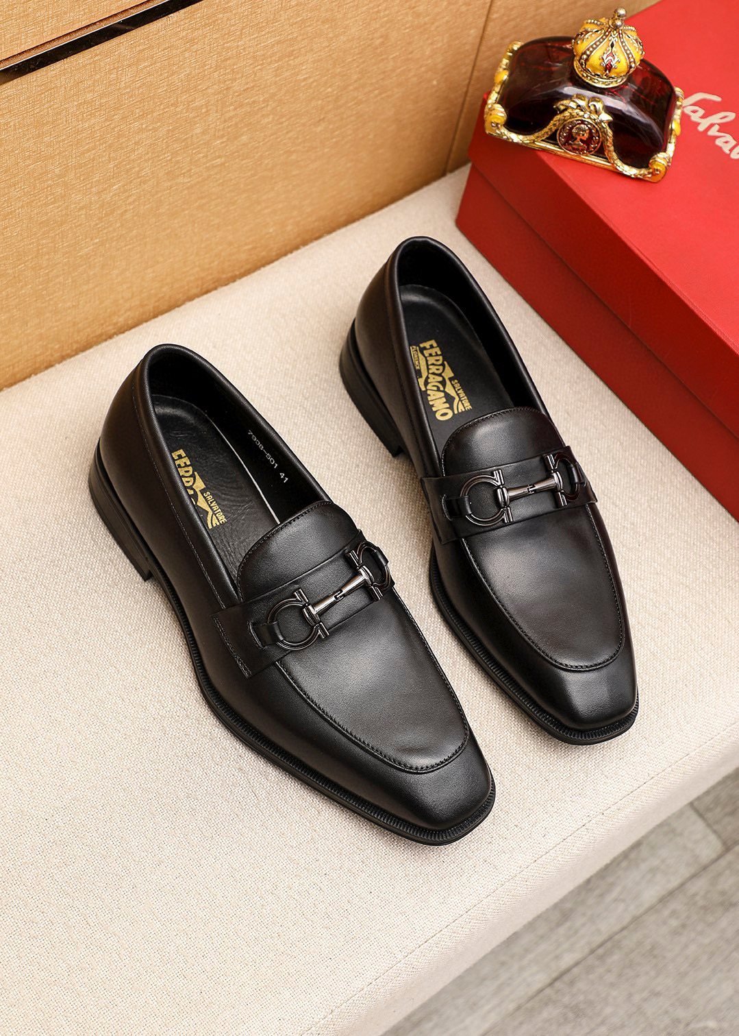 Ferragamo Black Leather Bit Loafers - Stacked Heel