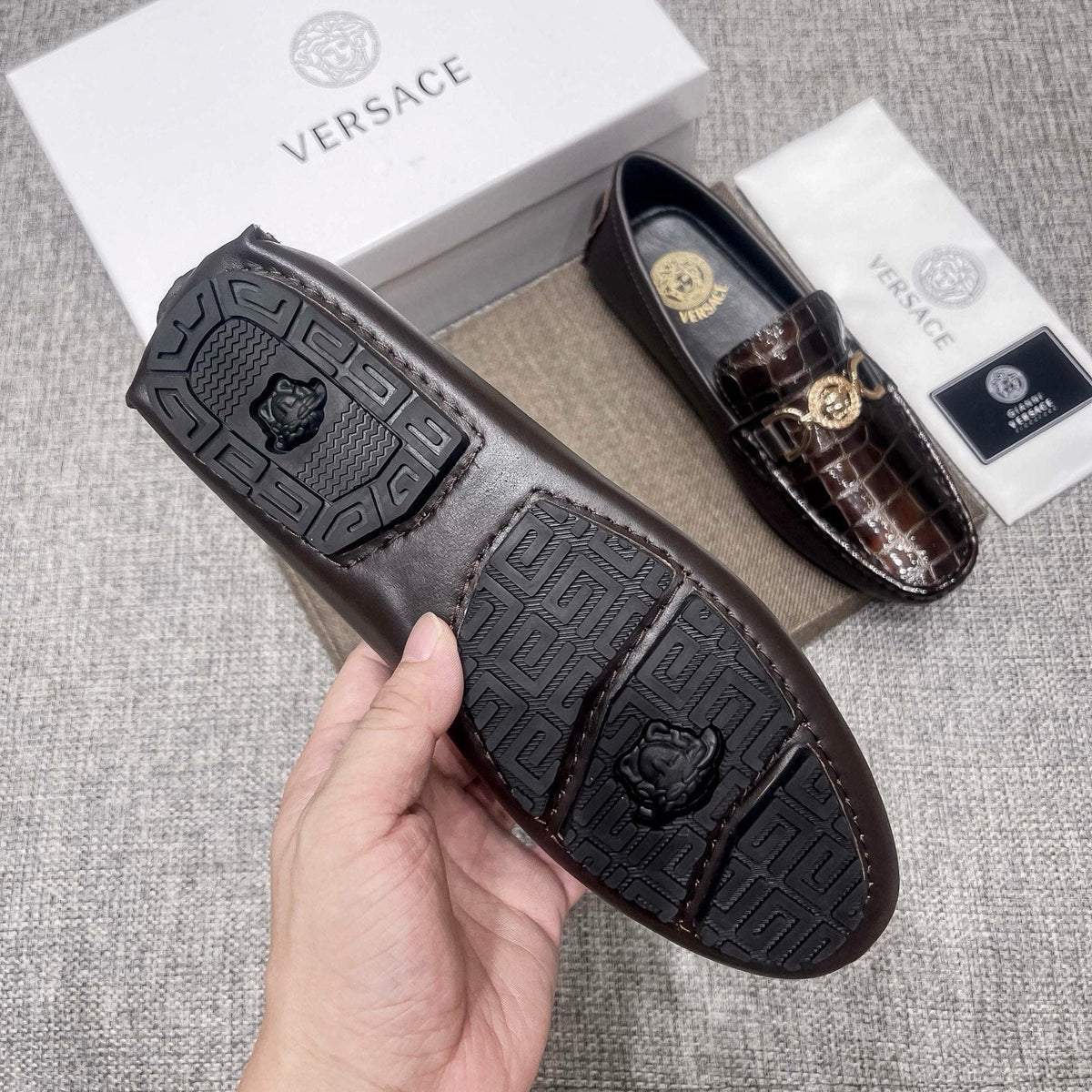 Versace Men's Dark Brown Croc-Embossed Loafers