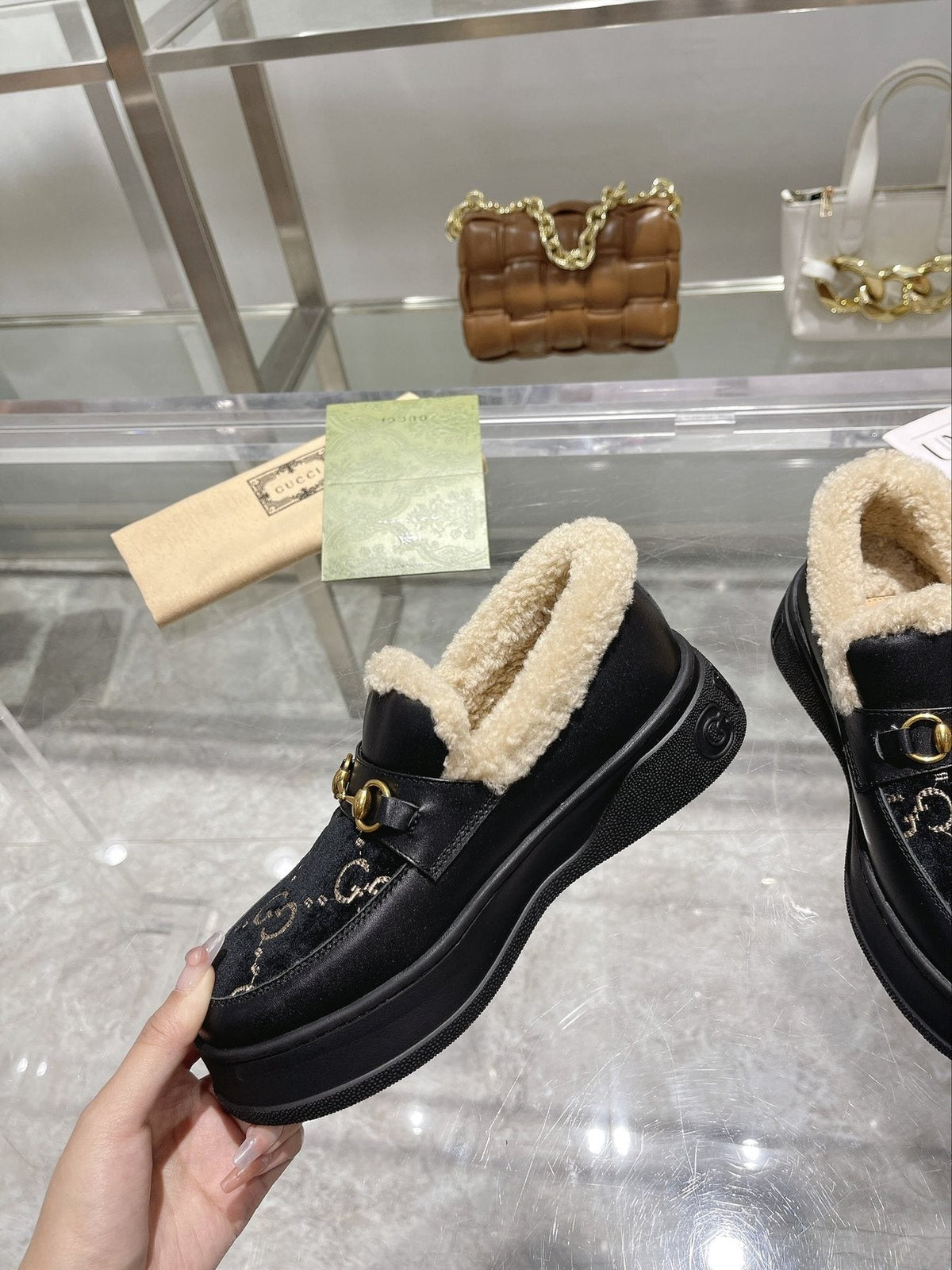Gucci Patterned Plush-Lined Platform Slip-On Shoes
