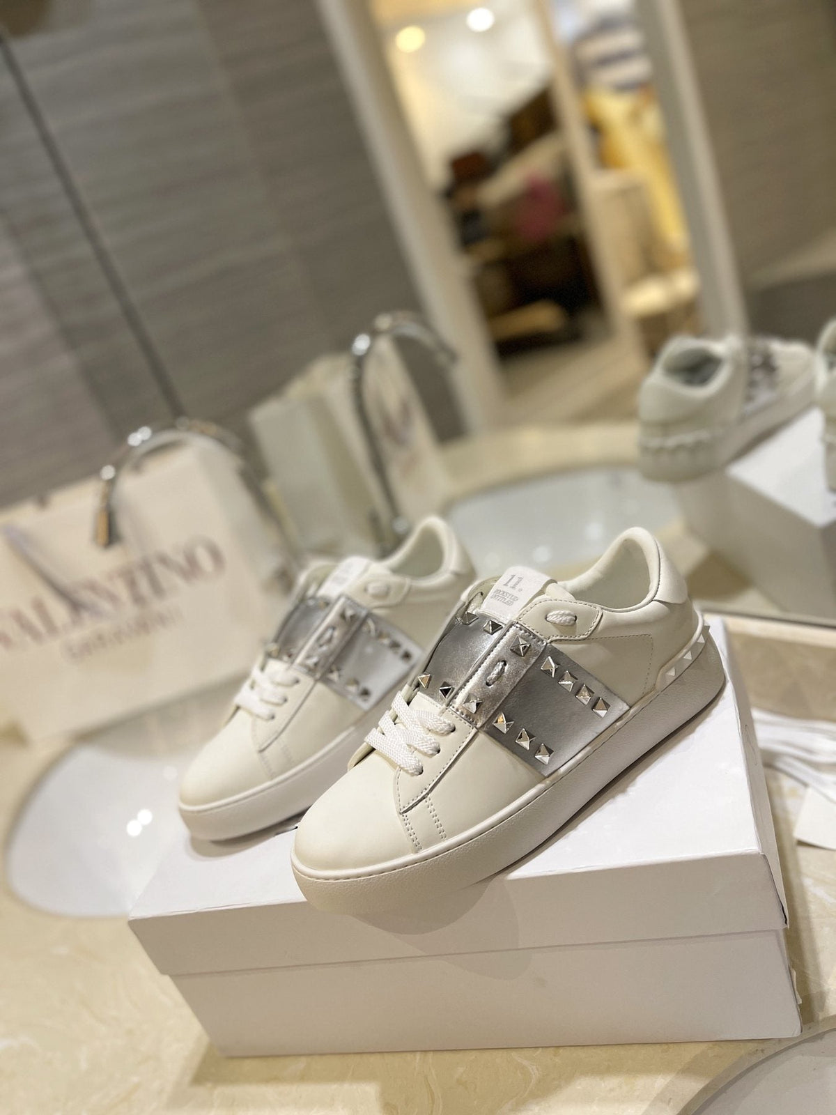 Valentino White Silver Studded Low-Top Sneakers